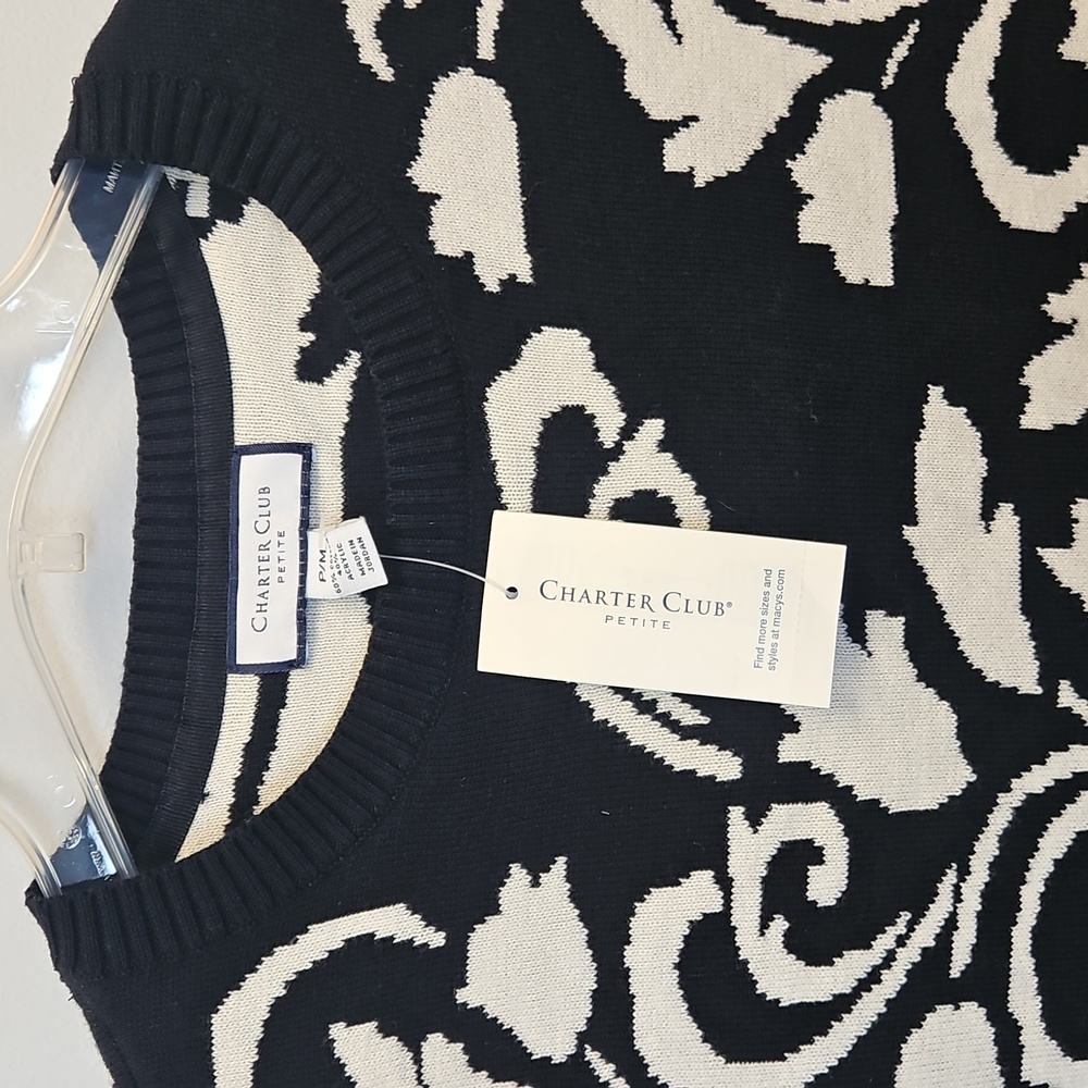 NWT Charter Club Black White Scroll Pattern Cotton Blend Womens Sweater Sz PM - Picture 2 of 7